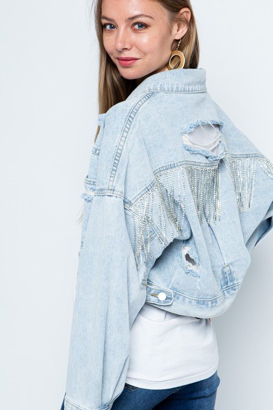 Rhinestone Fringe Distressed Denim Jacket - Happily Ever Atchison Shop Co.