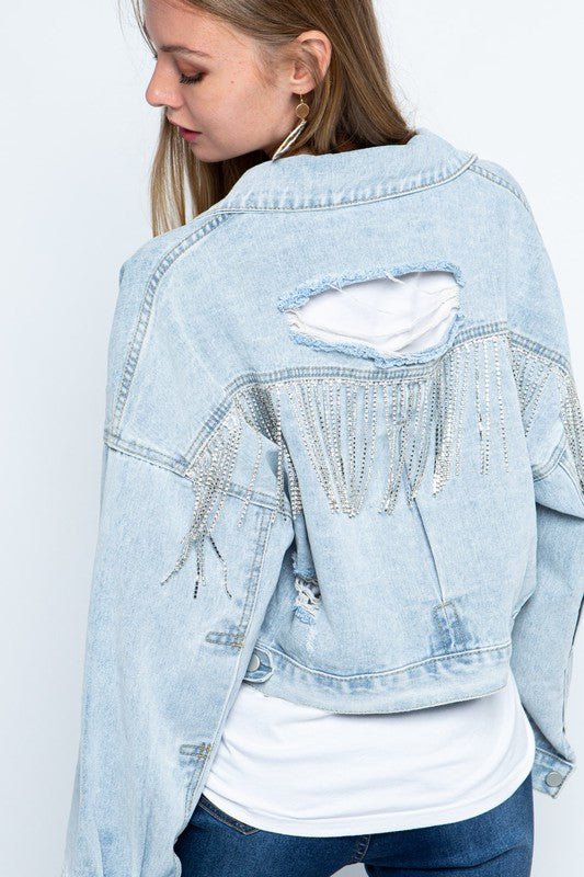 Rhinestone Fringe Distressed Denim Jacket - Happily Ever Atchison Shop Co.