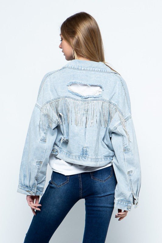 Rhinestone Fringe Distressed Denim Jacket - Happily Ever Atchison Shop Co.