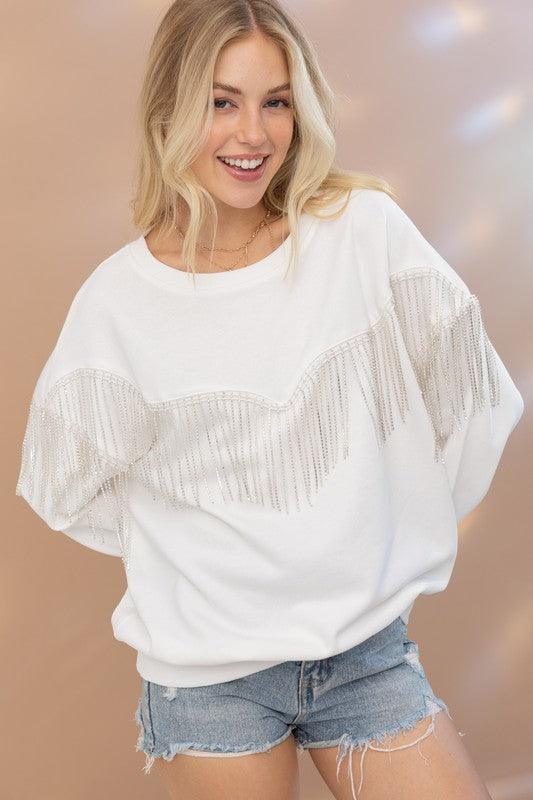 Rhinestone Fringe Pullover Top - Happily Ever Atchison Shop Co.