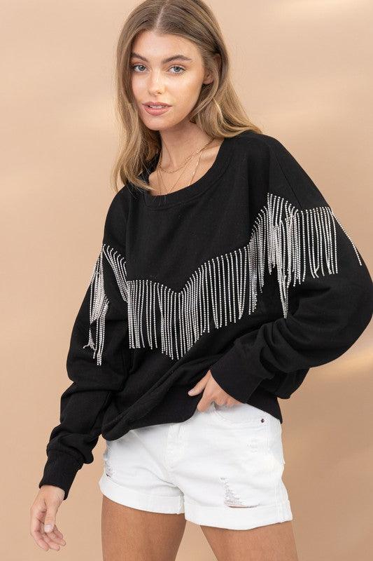 Rhinestone Fringe Pullover Top - Happily Ever Atchison Shop Co.