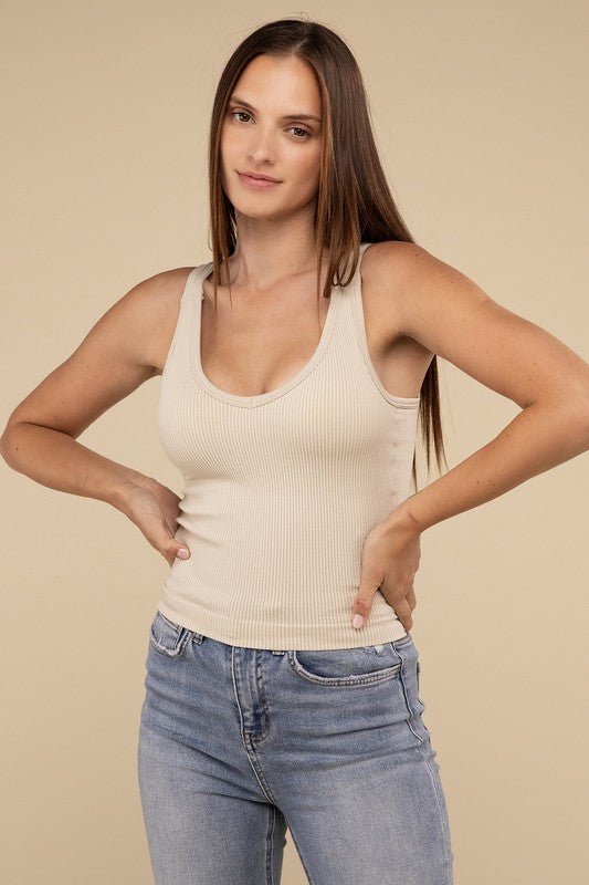 Ribbed Bra Padded V - Neck Tank Top - Happily Ever Atchison Shop Co.