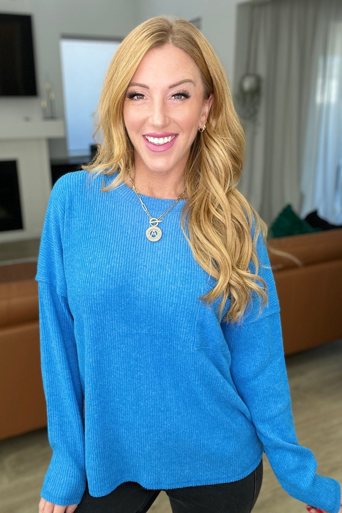 Ribbed Brushed Hacci Sweater in Ocean Blue - Happily Ever Atchison Shop Co.