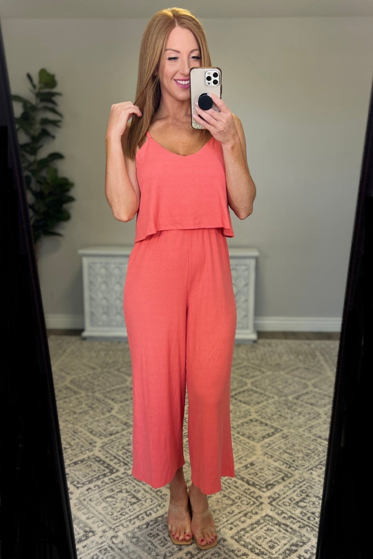 Ribbed Double Layer Jumpsuit in Deep Coral - Happily Ever Atchison Shop Co.