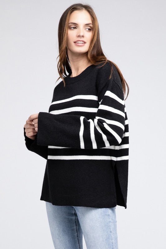 Ribbed Hem Stripe Sweater - Happily Ever Atchison Shop Co.