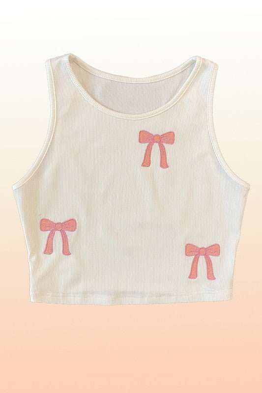 Ribbed Knit Bow Embroidered Tank - Happily Ever Atchison Shop Co.