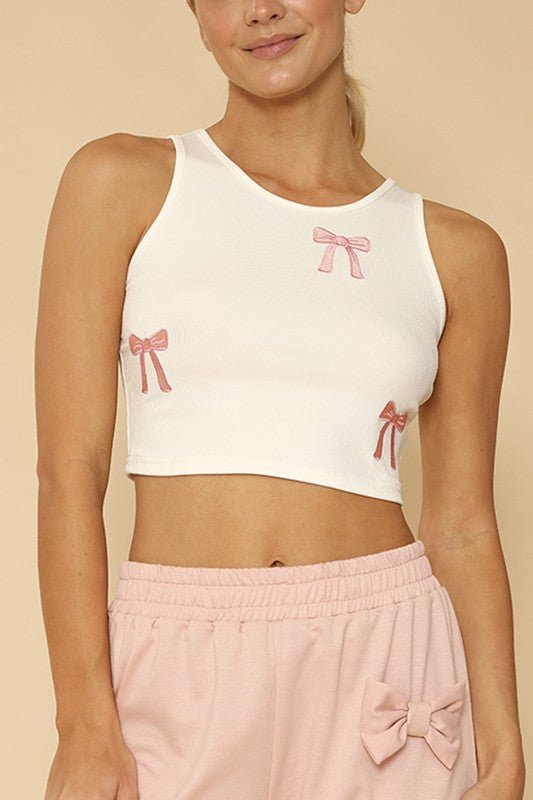 Ribbed Knit Bow Embroidered Tank - Happily Ever Atchison Shop Co.