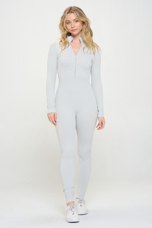 Ribbed Knit Jumpsuit Long Sleeve Zip - up - Happily Ever Atchison Shop Co.
