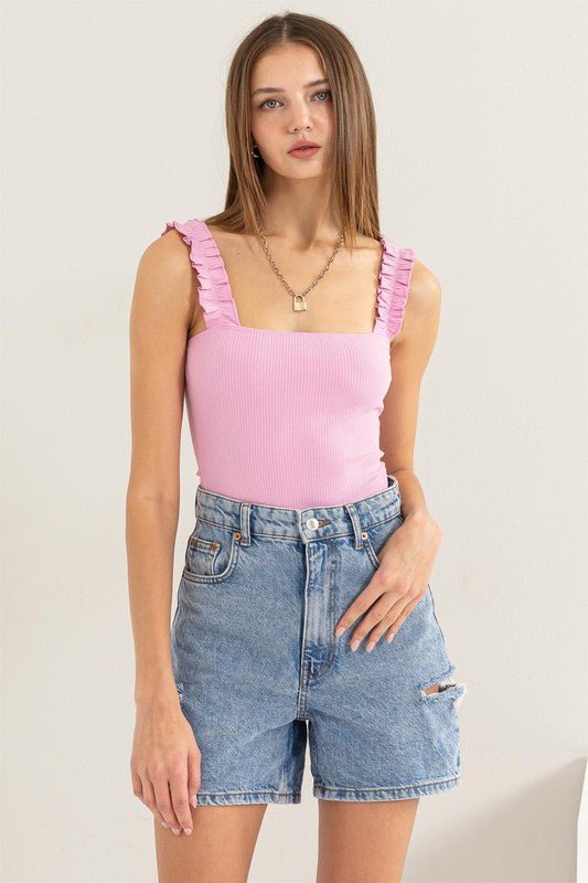 Ribbed Ruffle Strap Bodysuit - Happily Ever Atchison Shop Co.