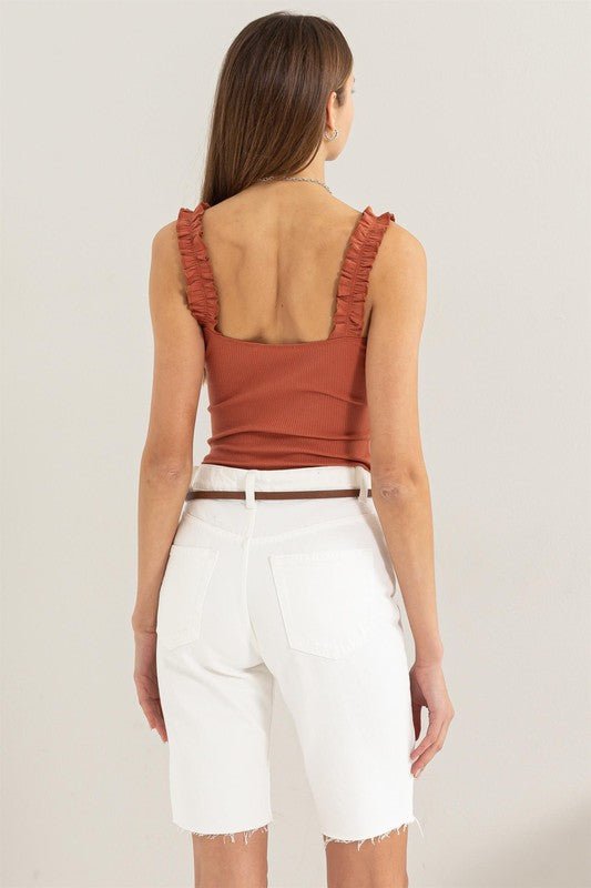 Ribbed Ruffle Strap Bodysuit - Happily Ever Atchison Shop Co.