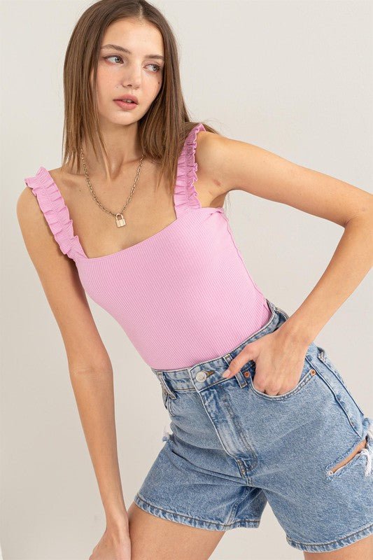 Ribbed Ruffle Strap Bodysuit - Happily Ever Atchison Shop Co.