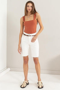 Ribbed Ruffle Strap Bodysuit - Happily Ever Atchison Shop Co.