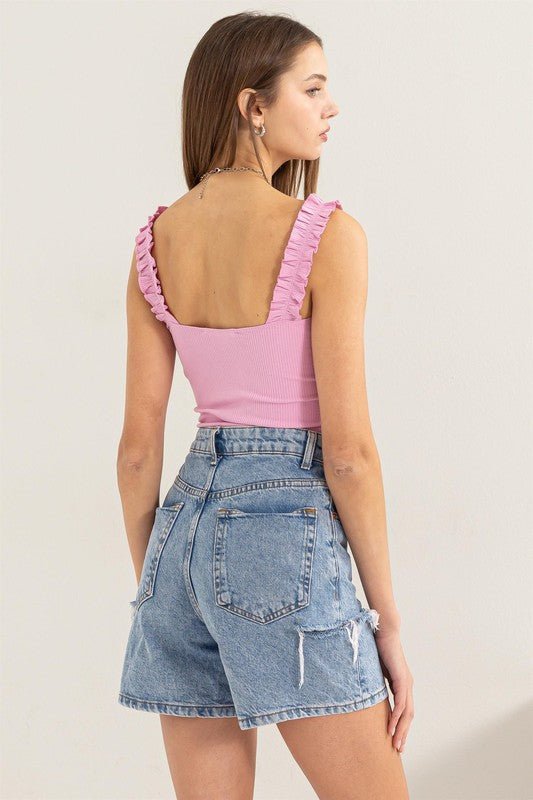 Ribbed Ruffle Strap Bodysuit - Happily Ever Atchison Shop Co.