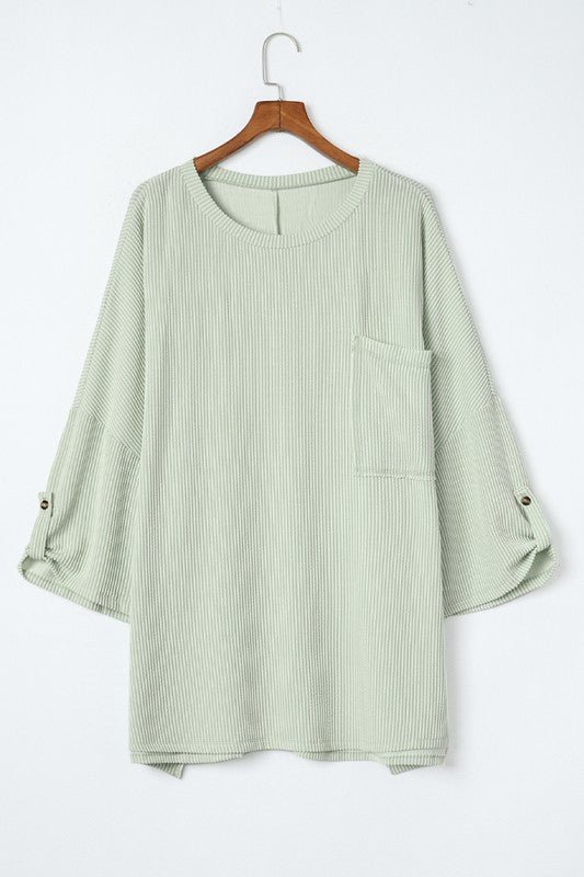 Ribbed tab sleeve oversize pocket top - Happily Ever Atchison Shop Co.