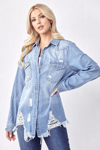 RISEN Button Up Distressed Denim Shirt - Happily Ever Atchison Shop Co.