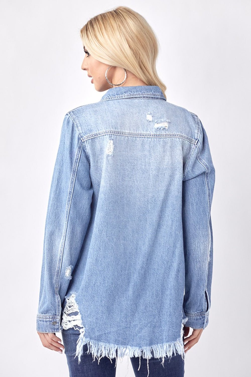 RISEN Button Up Distressed Denim Shirt - Happily Ever Atchison Shop Co.