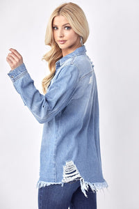 RISEN Button Up Distressed Denim Shirt - Happily Ever Atchison Shop Co.