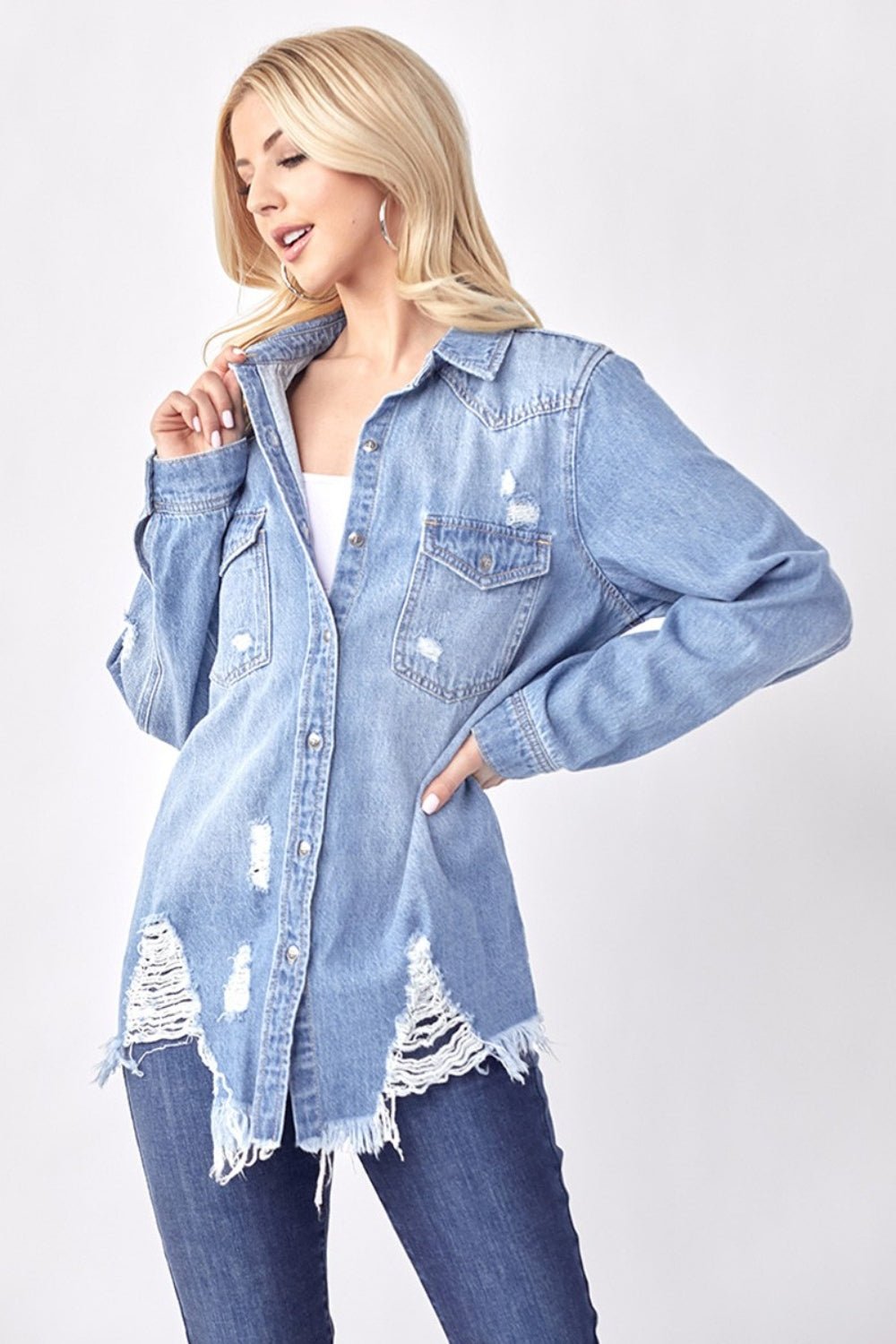 RISEN Button Up Distressed Denim Shirt - Happily Ever Atchison Shop Co.