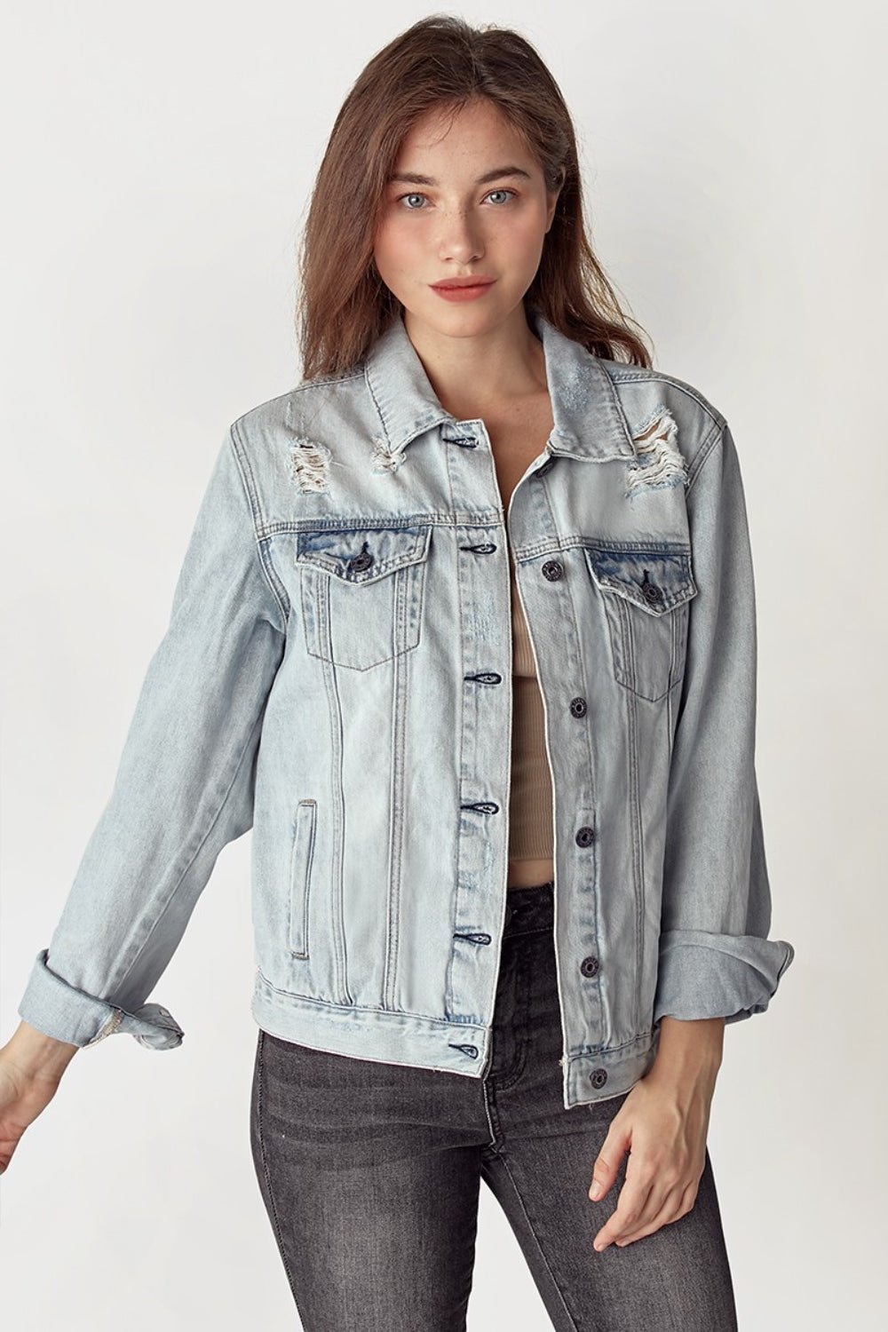 RISEN Distressed Button Up Jacket - Happily Ever Atchison Shop Co.