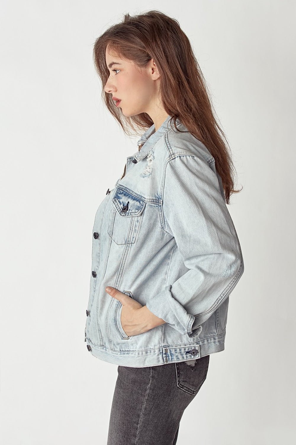RISEN Distressed Button Up Jacket - Happily Ever Atchison Shop Co.