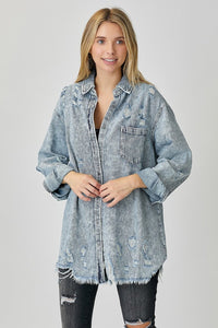 RISEN Distressed Raw Hem Denim Shirt - Happily Ever Atchison Shop Co.