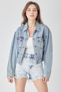 RISEN Full Size Button Down Cropped Denim Jacket - Happily Ever Atchison Shop Co.