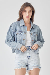 RISEN Full Size Button Down Cropped Denim Jacket - Happily Ever Atchison Shop Co.