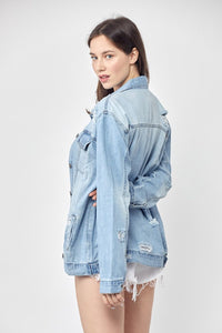 RISEN Full Size Distressed Long Sleeve Denim Jacket - Happily Ever Atchison Shop Co.