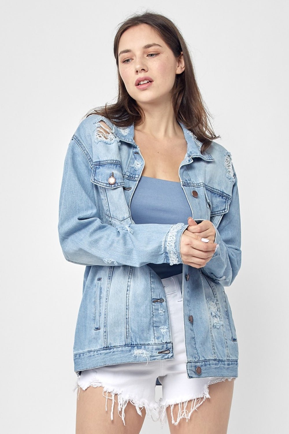 RISEN Full Size Distressed Long Sleeve Denim Jacket - Happily Ever Atchison Shop Co.