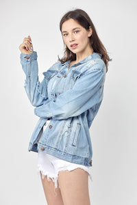 RISEN Full Size Distressed Long Sleeve Denim Jacket - Happily Ever Atchison Shop Co.