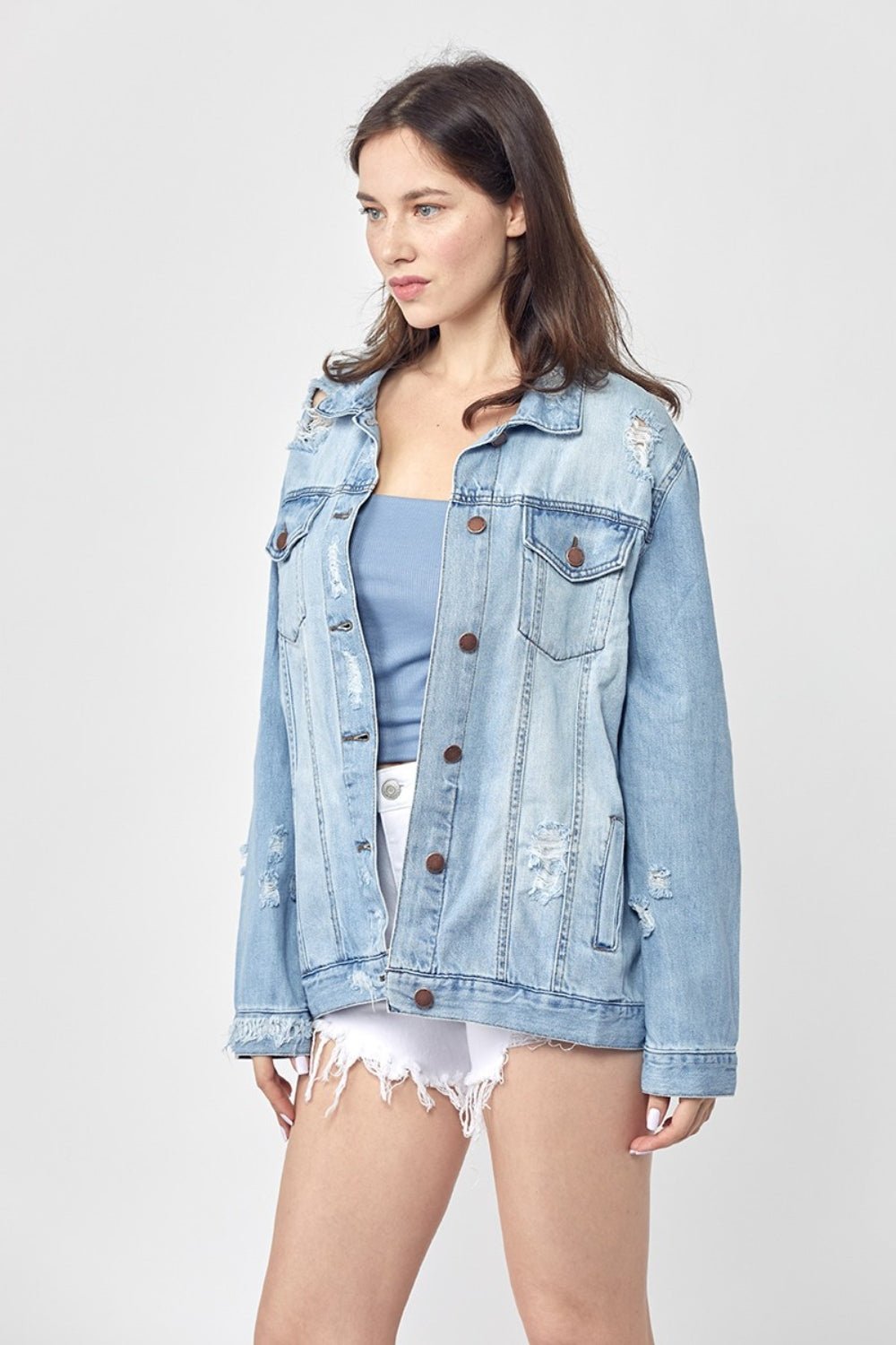 RISEN Full Size Distressed Long Sleeve Denim Jacket - Happily Ever Atchison Shop Co.