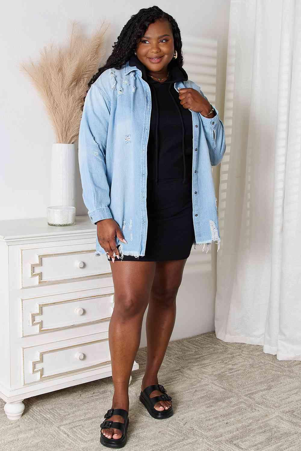 RISEN Full Size Distressed Raw Hem Denim Jacket - Happily Ever Atchison Shop Co.