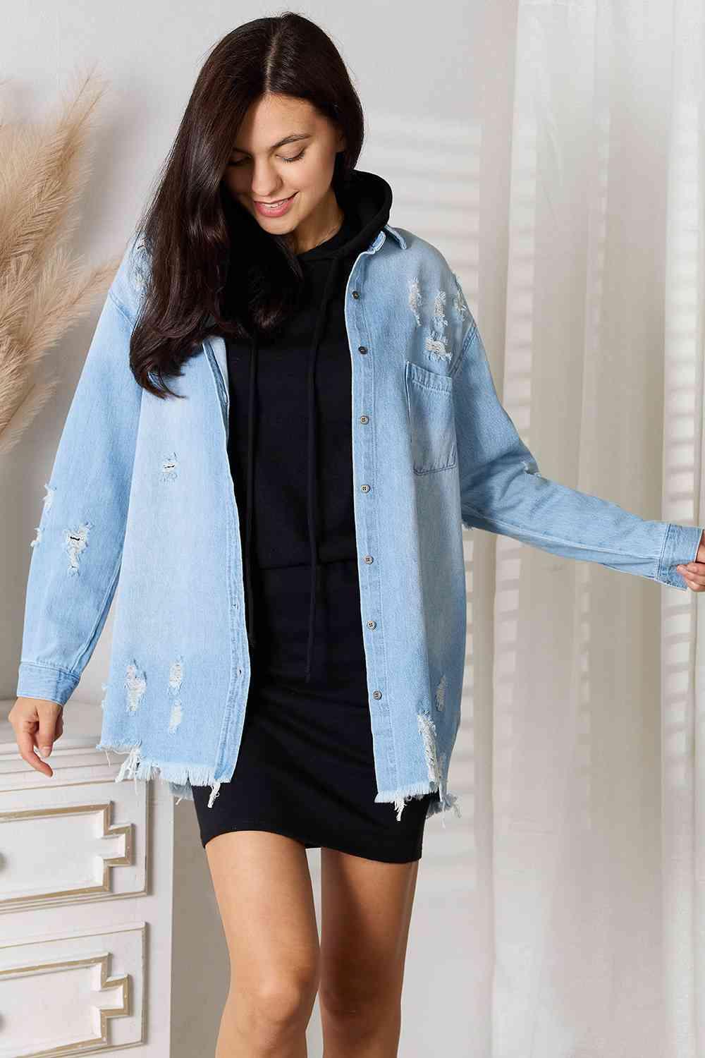 RISEN Full Size Distressed Raw Hem Denim Jacket - Happily Ever Atchison Shop Co.