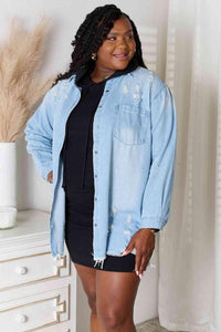 RISEN Full Size Distressed Raw Hem Denim Jacket - Happily Ever Atchison Shop Co.