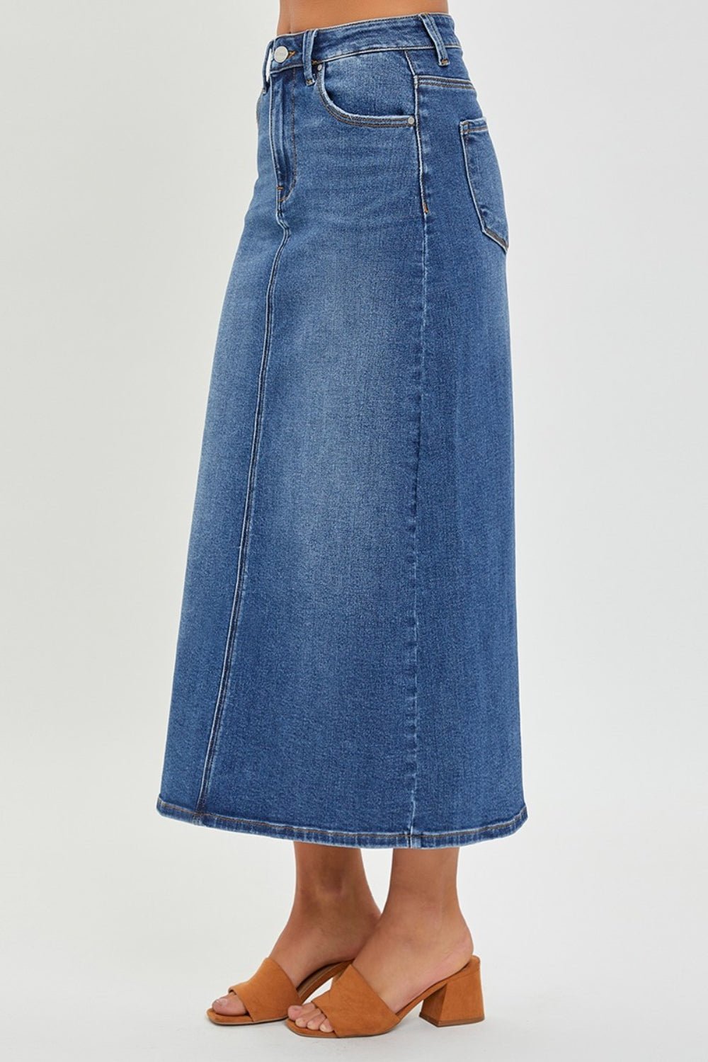 RISEN High Rise Back Slit Denim Skirt - Happily Ever Atchison Shop Co.