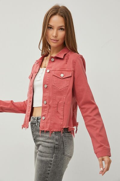 RISEN Raw Hem Button Up Cropped Denim Jacket - Happily Ever Atchison Shop Co.