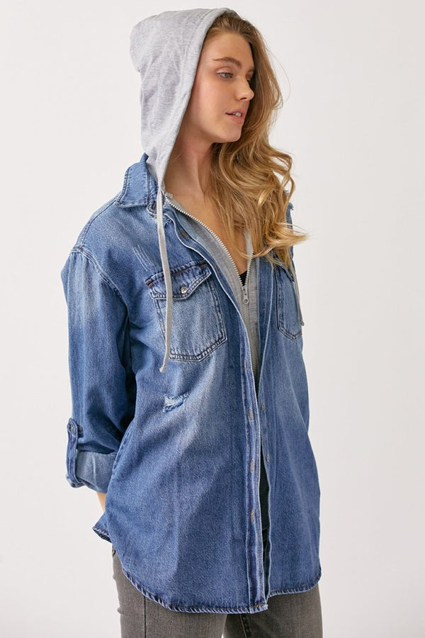 RISEN Zip Up Hooded Denim Shirt - Happily Ever Atchison Shop Co.