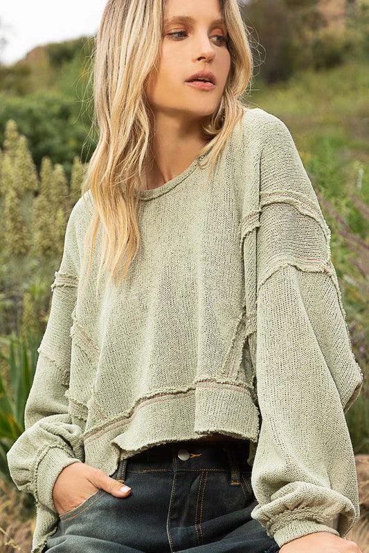 Round Neck Balloon Sleeve Hooded Knit Top - Happily Ever Atchison Shop Co.