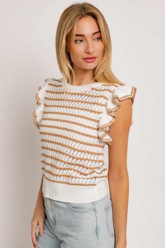 Round Neck Ruffle Sleeve Stripe Knit Top - Happily Ever Atchison Shop Co.