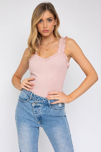 Ruffle Strap Sweetheart Neckline Ribbed Bodysuit - Happily Ever Atchison Shop Co.