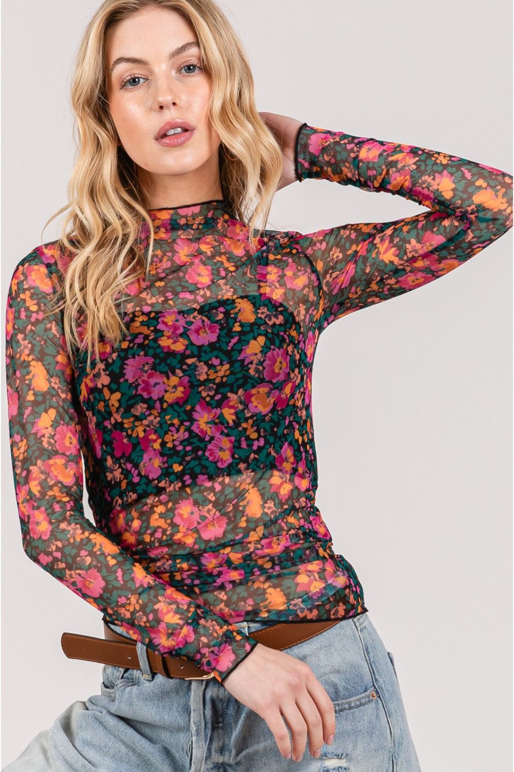SAGE + FIG Floral Mesh Long Sleeve Top - Happily Ever Atchison Shop Co.