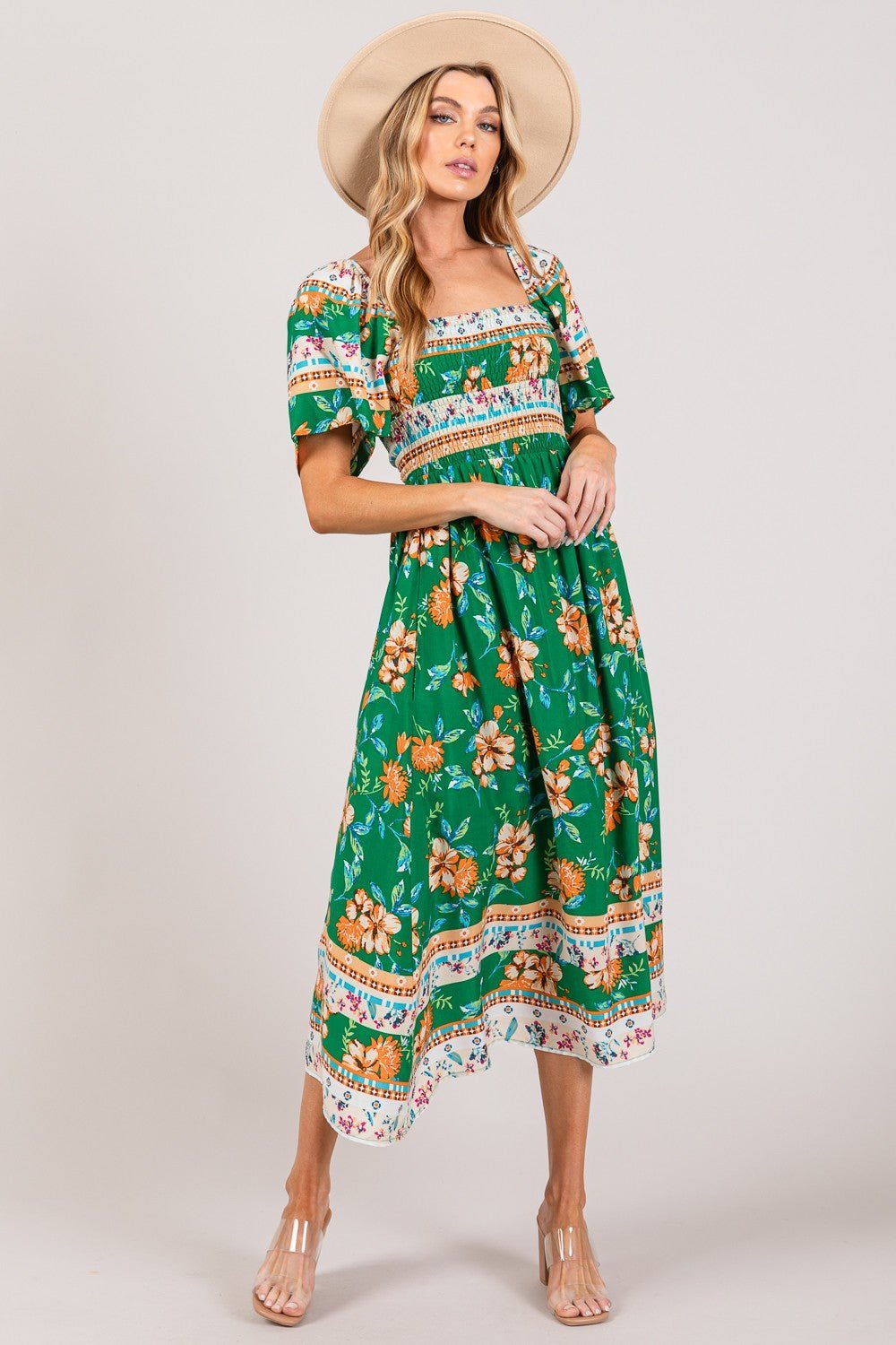 SAGE + FIG Printed Smocked Short Sleeve Midi Dress - Happily Ever Atchison Shop Co.