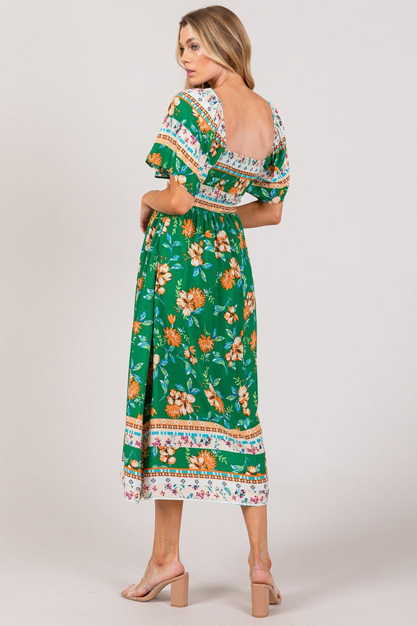 SAGE + FIG Printed Smocked Short Sleeve Midi Dress - Happily Ever Atchison Shop Co.