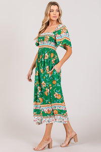 SAGE + FIG Printed Smocked Short Sleeve Midi Dress - Happily Ever Atchison Shop Co.