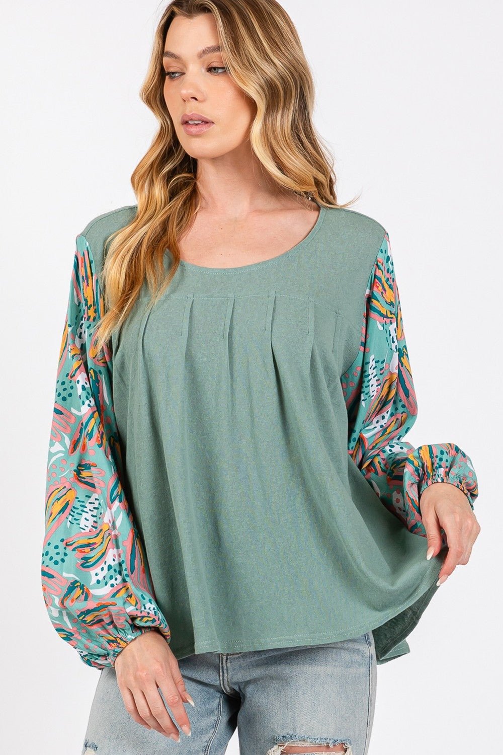 SAGE + FIG Ruched Round Neck Printed Bubble Sleeve Top - Happily Ever Atchison Shop Co.