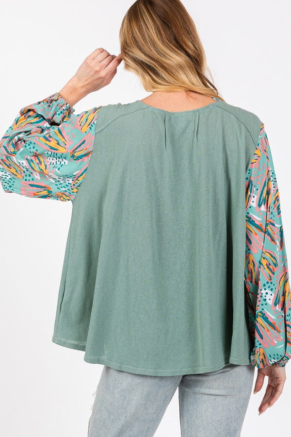 SAGE + FIG Ruched Round Neck Printed Bubble Sleeve Top - Happily Ever Atchison Shop Co.