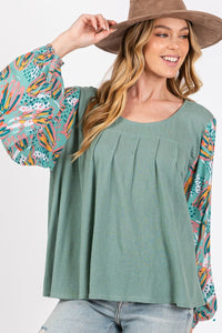 SAGE + FIG Ruched Round Neck Printed Bubble Sleeve Top - Happily Ever Atchison Shop Co.