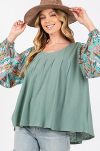 SAGE + FIG Ruched Round Neck Printed Bubble Sleeve Top - Happily Ever Atchison Shop Co.