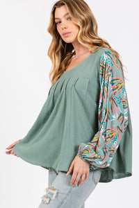 SAGE + FIG Ruched Round Neck Printed Bubble Sleeve Top - Happily Ever Atchison Shop Co.