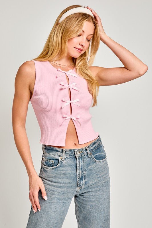 Satin Bow Detail Sleeveless Sweater Top - Happily Ever Atchison Shop Co.